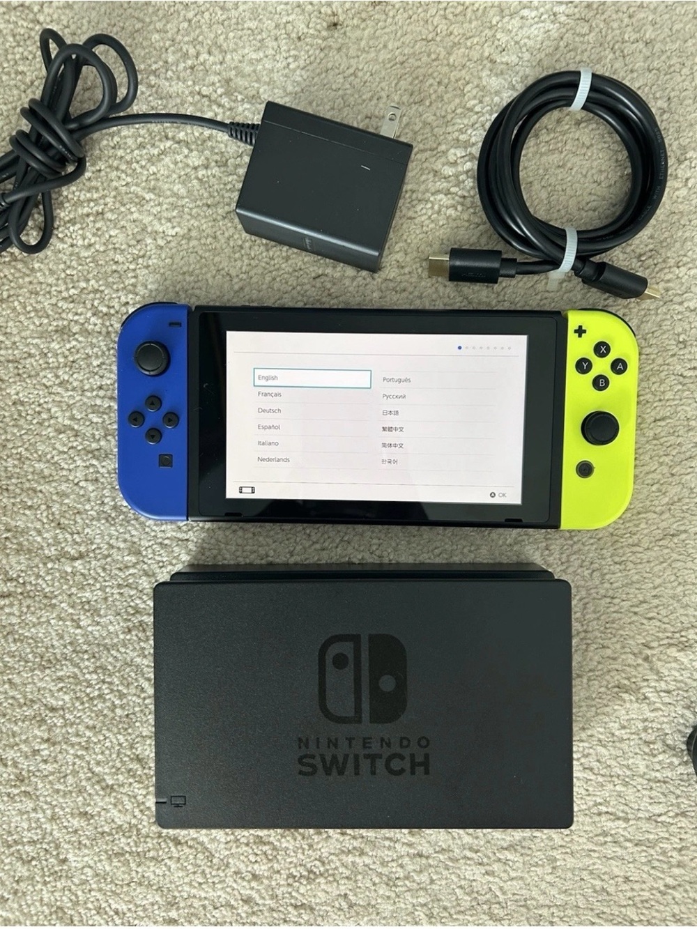 Nintendo Switch Console with Blue and Neon Yellow Joy-Con Works